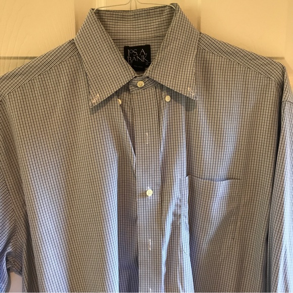 Jos A Bank dress shirt Travelers Collection 16-34 all cotton blue mini check - Picture 1 of 6